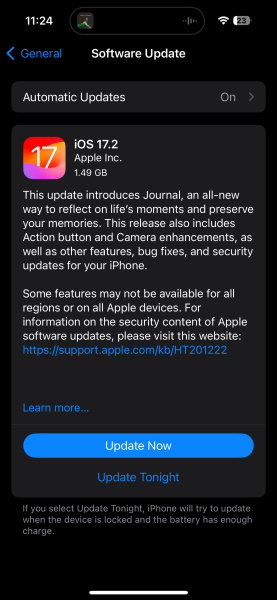 iOS 17.2 update screenshot