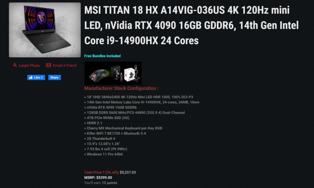 msi titan 18 hx gaming laptop leaked specifications and features with i9 14900hx cpu and rtx 4090 gpu
