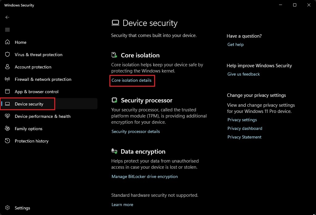 open device security and core isolation from windows security