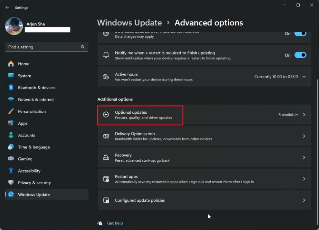 open optional updates in windows 11 settings page