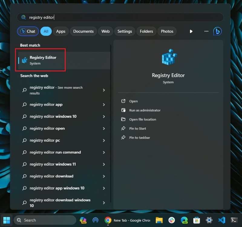 open registry editor from the windows 11 start menu