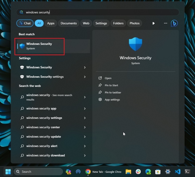 open windows security from start menu