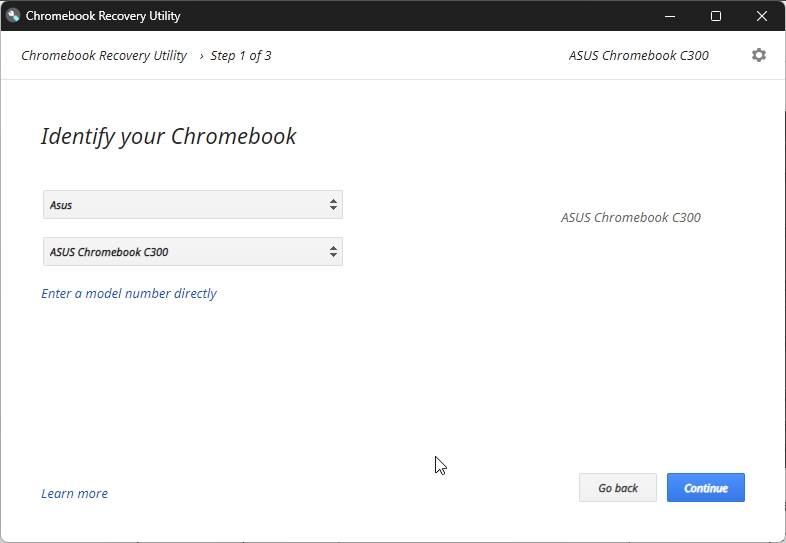 select chromebook model in chromebook recovery utility