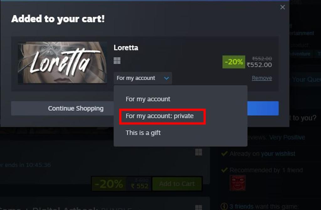 Choose the Private option to purchase and hide this game