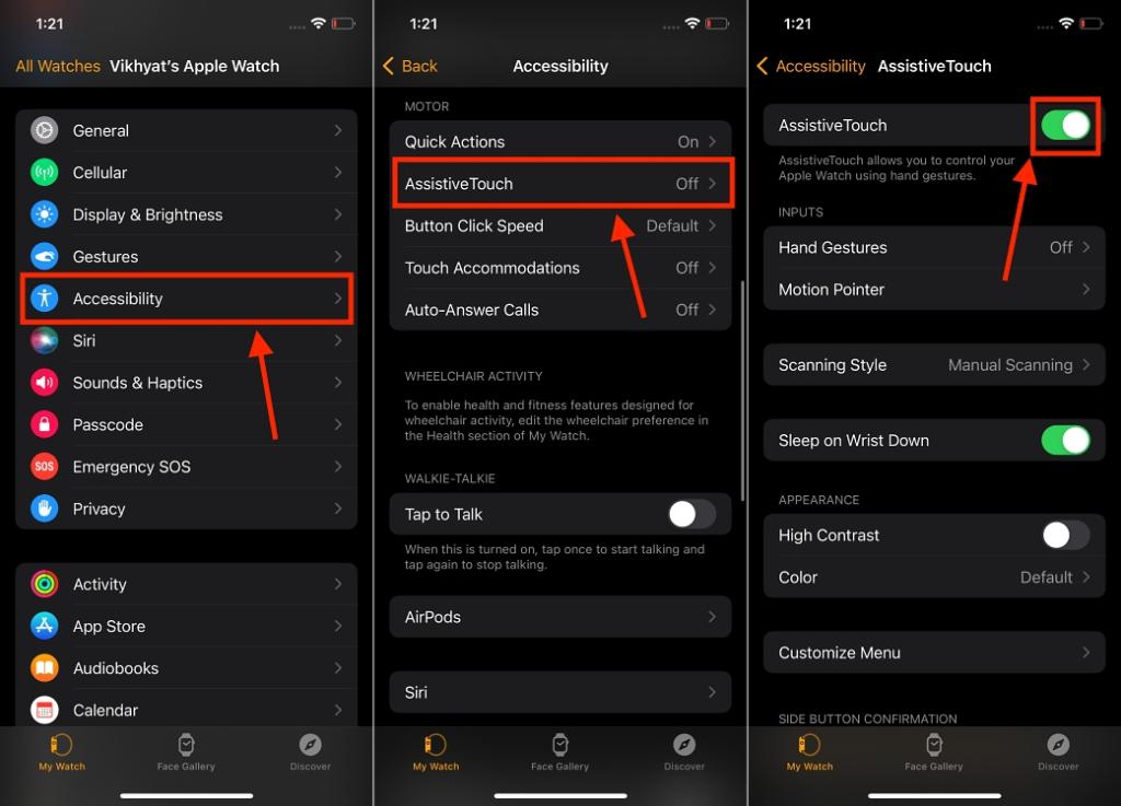 steps to enable Assistive Touch on Apple Watch