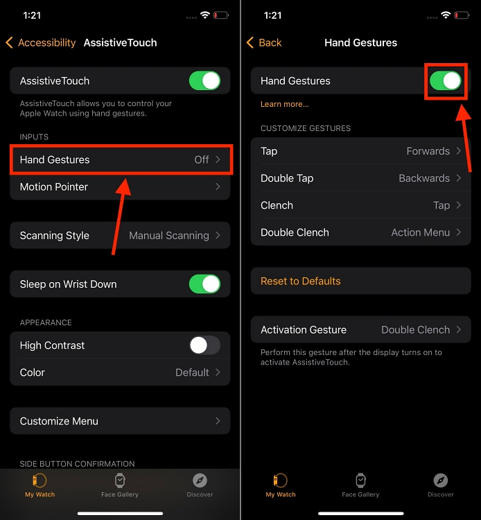 steps to enable Hand Gestures on Apple Watch