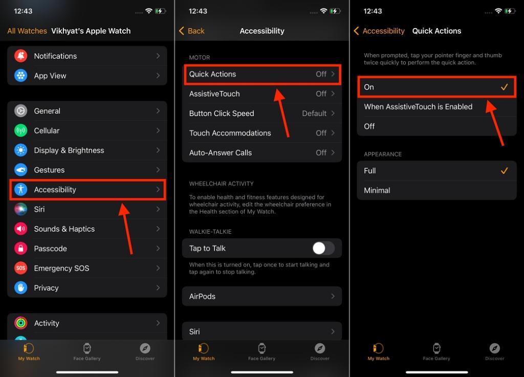 steps to enable quick actions in the Watch app