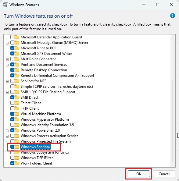 turn on windows sandbox from optional features window