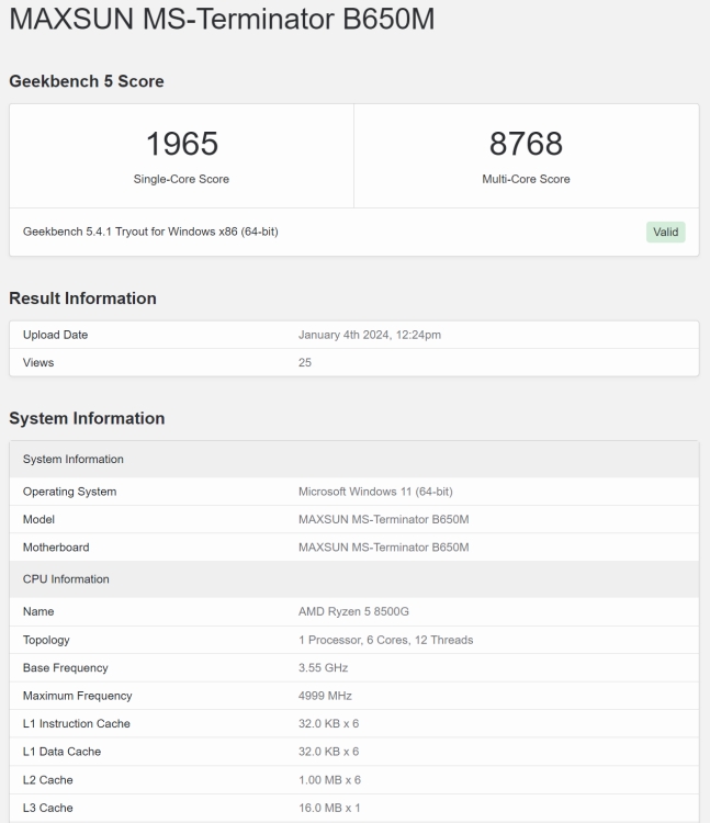 Le prochain processeur RYzen 8000 AMD Ryzen 5 8500G APU a divulgué le score de référence geekbench 5 