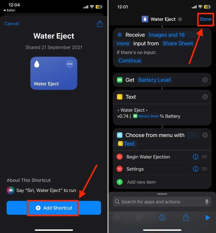 Add water eject shortcut on iPhone