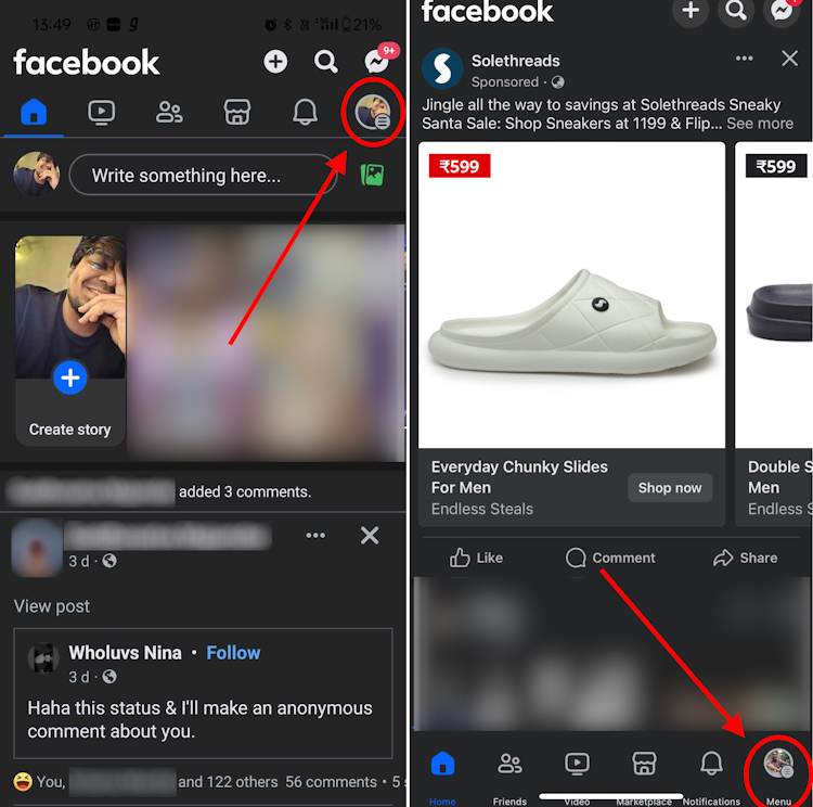 Android vs iOS menu icon location on Facebook