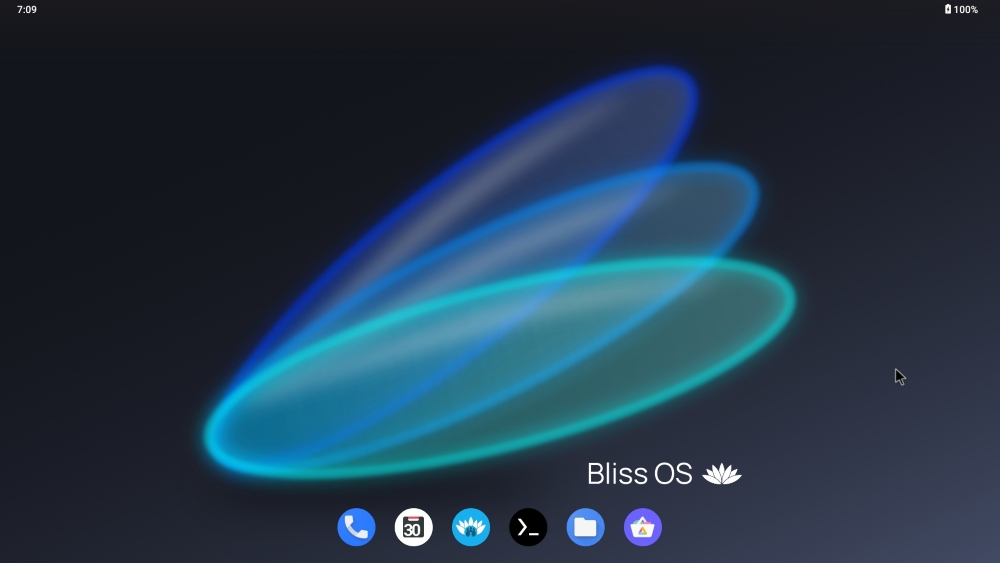 Bliss OS homescreen with bliss wallpaper