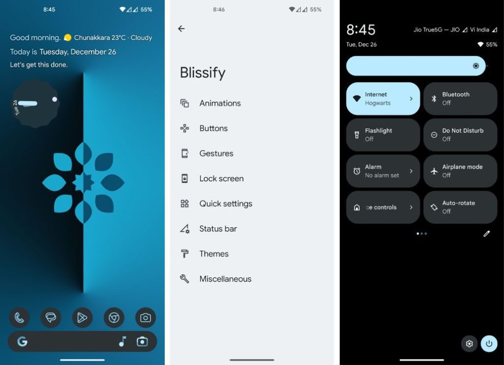 BlissROM home screen, Blissify customization, and quick settings