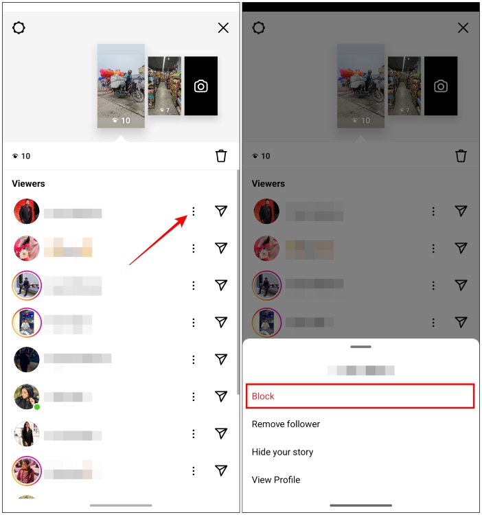 To block an unwanted user from the activity section of your Instagram story tap on the three dot menu and select Block user | See Who Views Your Instagram