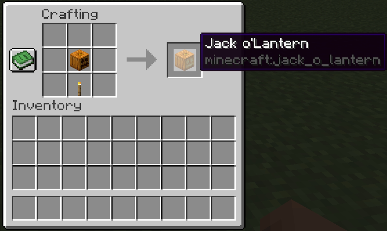 Crafting recipe of a jack o'lantern, which is one of the uses of a carved pumpkin in Minecraft