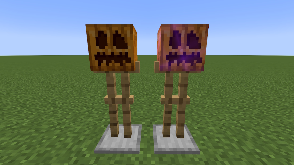 Enchanted and unenchanted carved pumpkin on two armor stands in Minecraft
