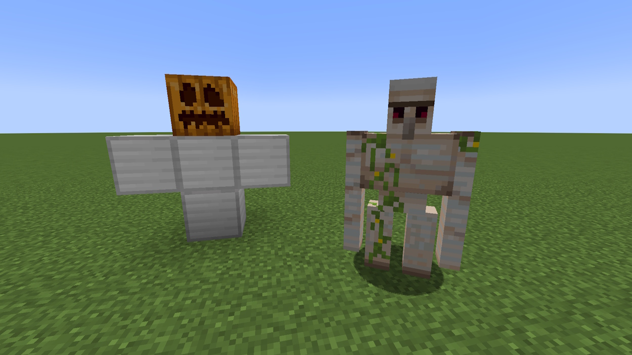 Iron golem and its summoning configuration using a carved pumpkin in Minecraft