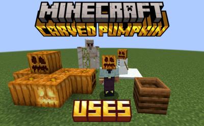 Player wearing a carved pumpkin, decorative pile of pumpkins, carved pumpkins and a jack o'lantern, composter and an iron and snow golem, which all represent uses of a carved pumpkin in Minecraft
