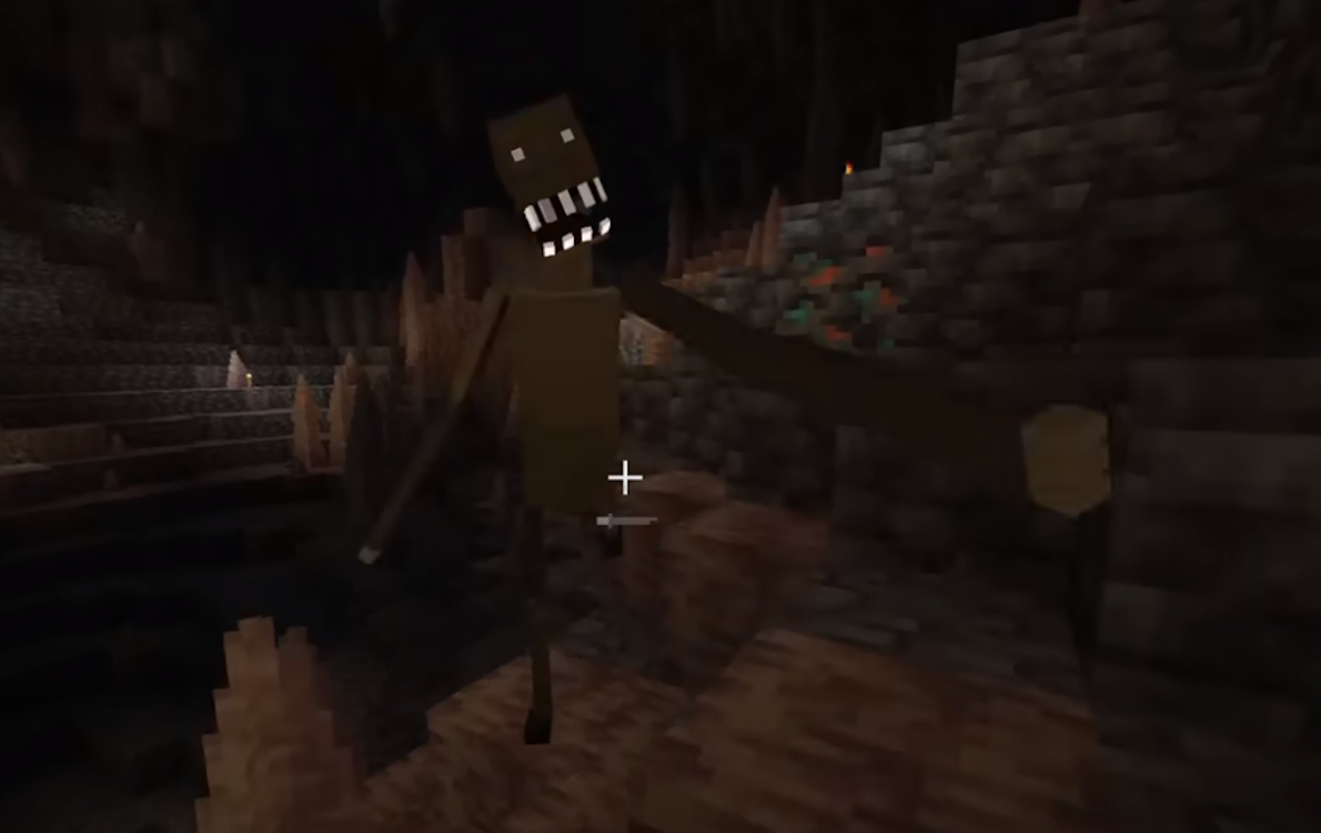 Cave dweller from the Cave Dweller mod attacking a player in the cave in Minecraft