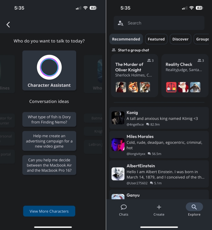 Character AI app for iPhone