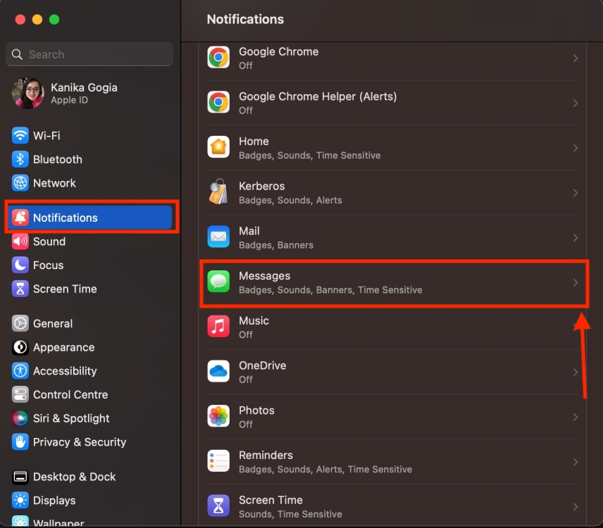 Choose Messages app in the Notifications section in Mac Settings
