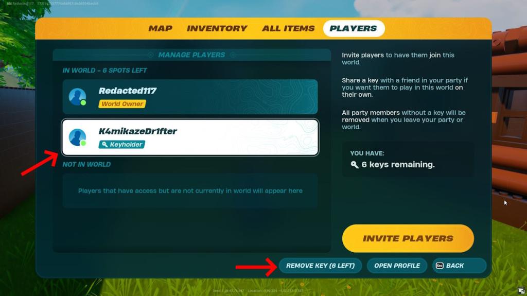 Click Remove key to remove them as keyholder in LEGO Fortnite