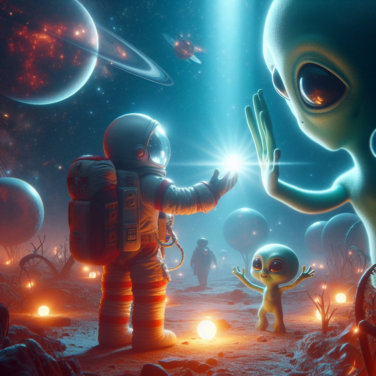 Copilot generation of man lost in space meeting a friendly alien