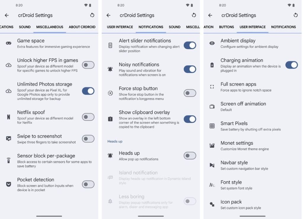 CrDroid Notifications, Misc settings pages