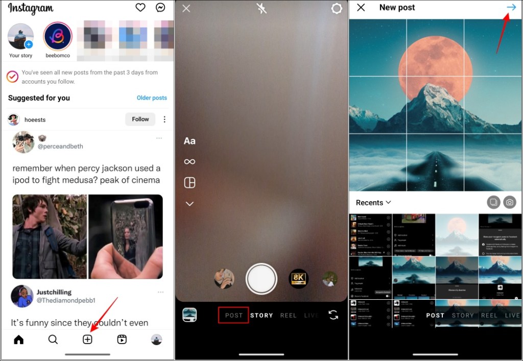 Tap on the Add icon and then select an image to create a post on Instagram
