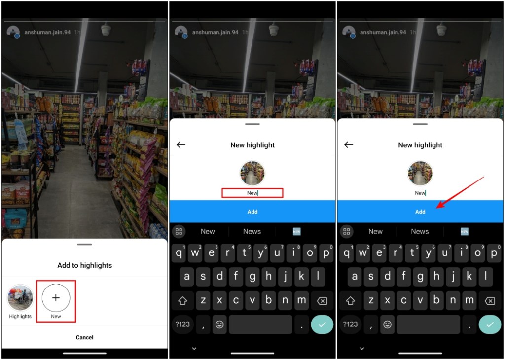 Choose a new highlight then name it and tap on Add to create a new highlight for your Instagram profile | See Who Views Your Instagram