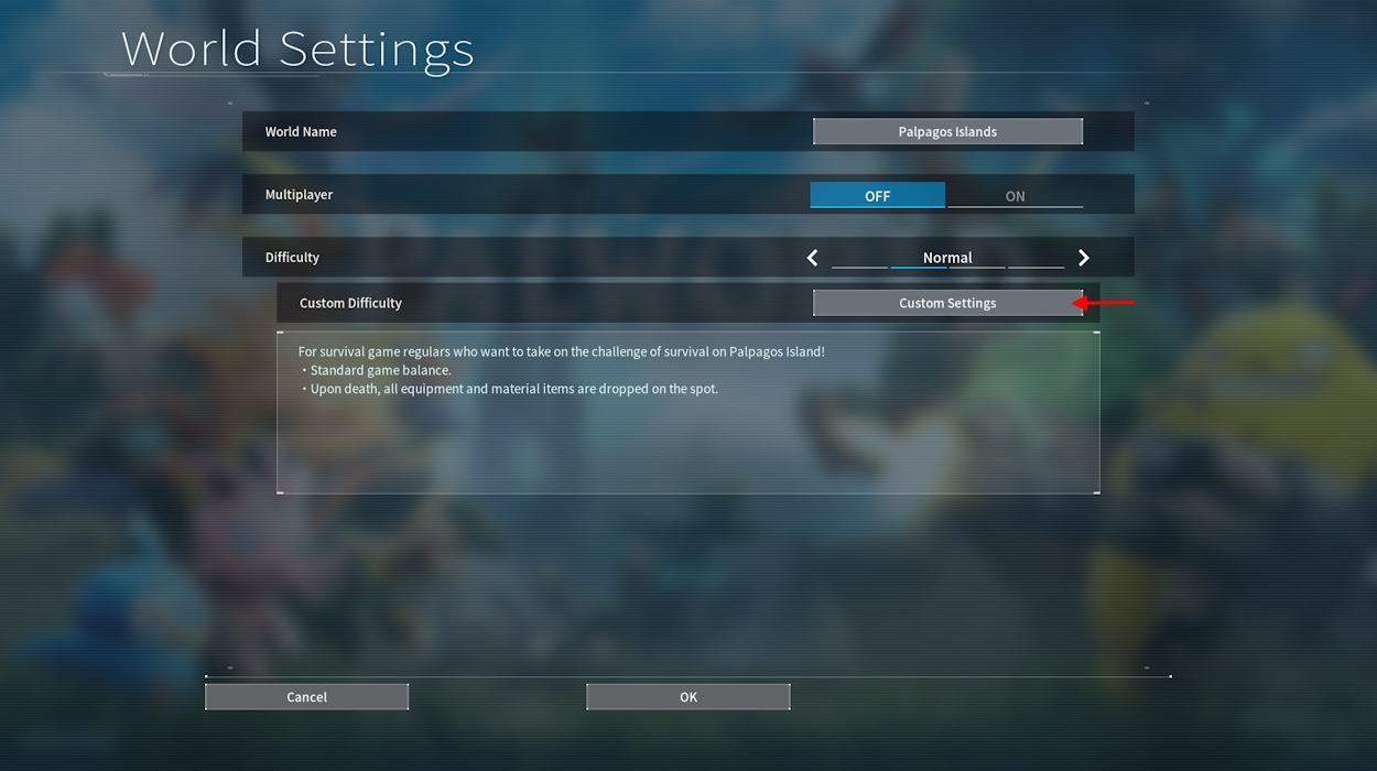 Custom settings in Palworld new world creation