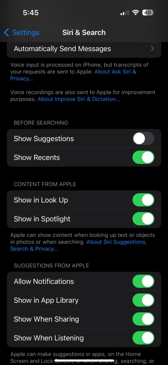 Disable Siri suggestions