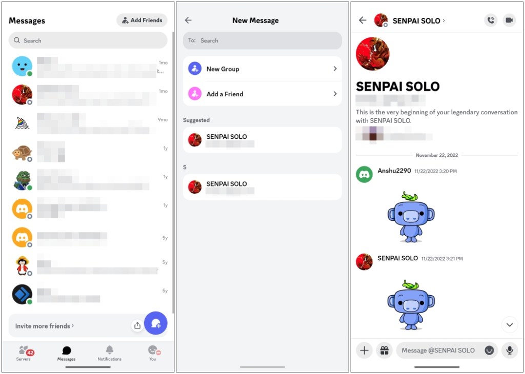 Discord mobile app chat and new message screen