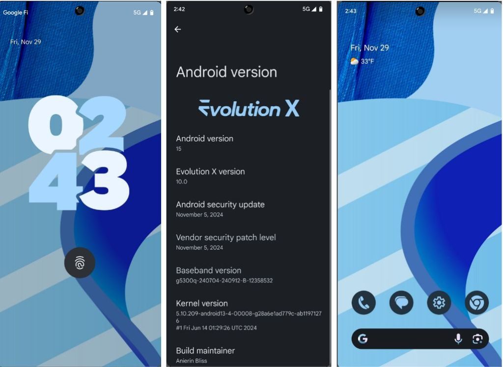 EvolutionX screenshots about page and lock screen