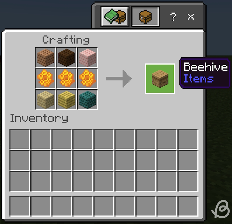 Beehive crafting recipe as one of the uses of honeycomb in Minecraft