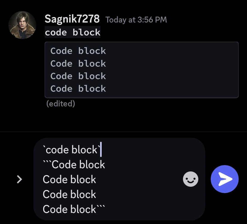 How to insert code block in Discord mobile app