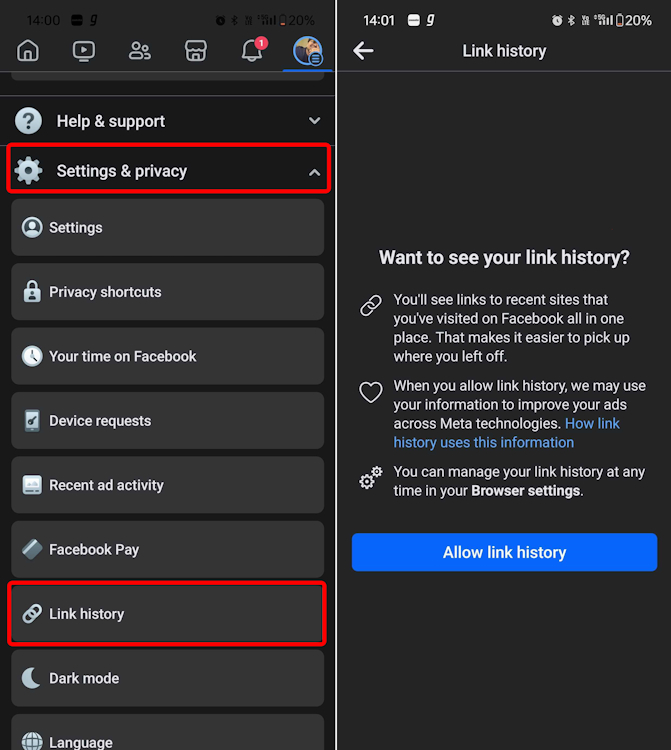 How to see if Facebook link history is turned on