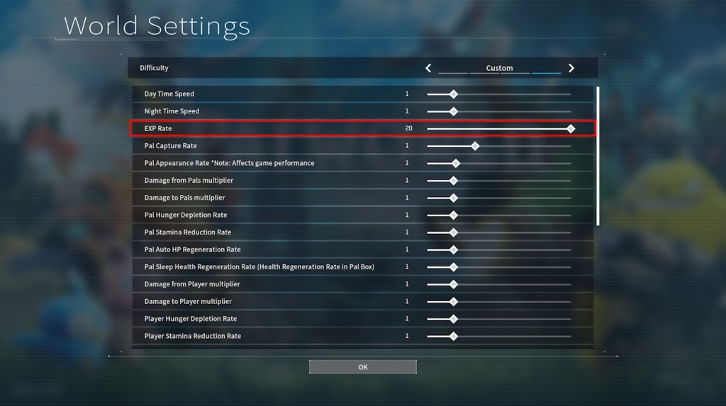 Level EXP Rate change setting in Palworld