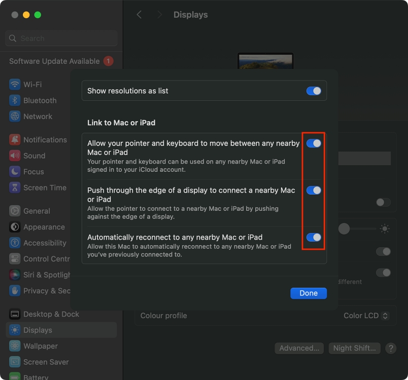 Link to Mac or iPad settings on Mac