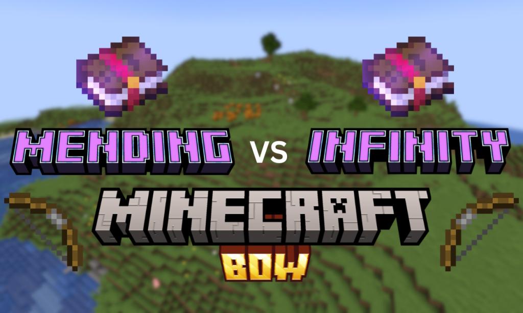 Blurry image of a Minecraft landscape and enchanted books and a bow in an item form with text mending vs infinity Minecraft bow