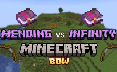 Blurry image of a Minecraft landscape and enchanted books and a bow in an item form with text mending vs infinity Minecraft bow