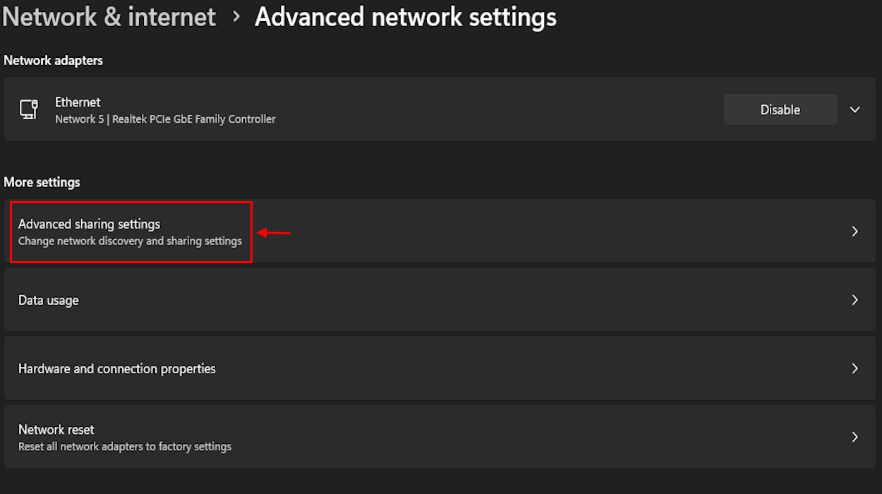 Network discovery and sharing settings