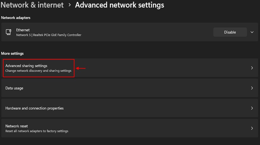 Network discovery and sharing settings