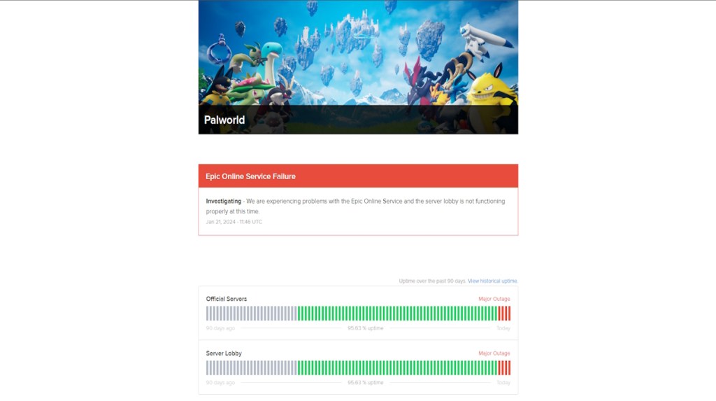 Palworld server status page to check for online multiplayer error