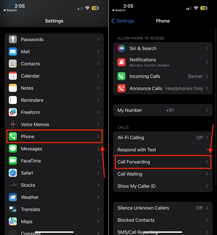 Phone section in iPhone Settings