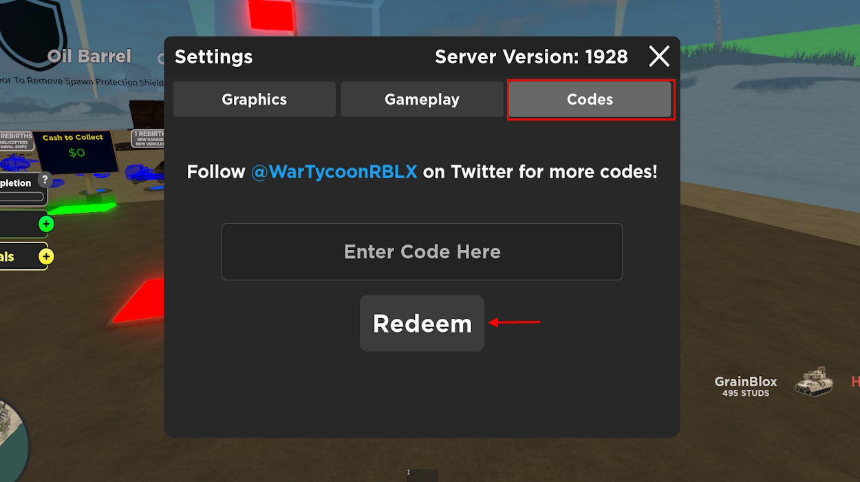 Redeem codes in codes menu in War tycoon