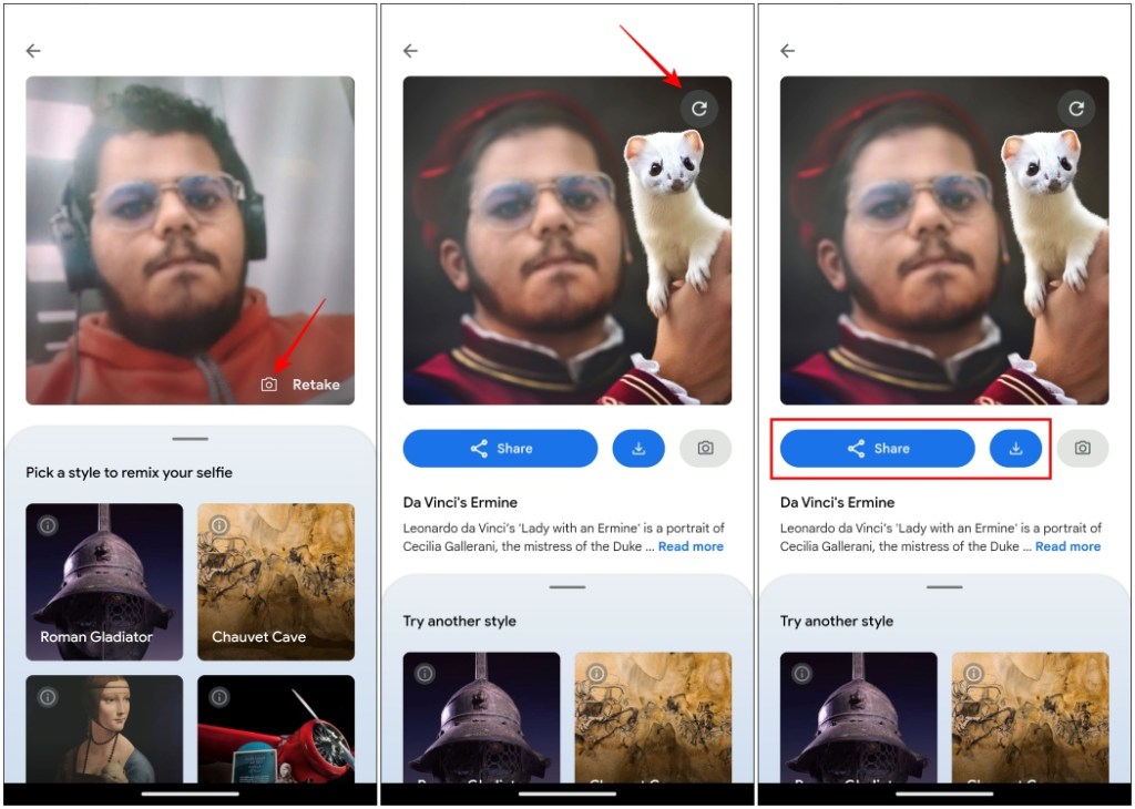 Retake Refresh share or download selfies in Google Art Selfie 2