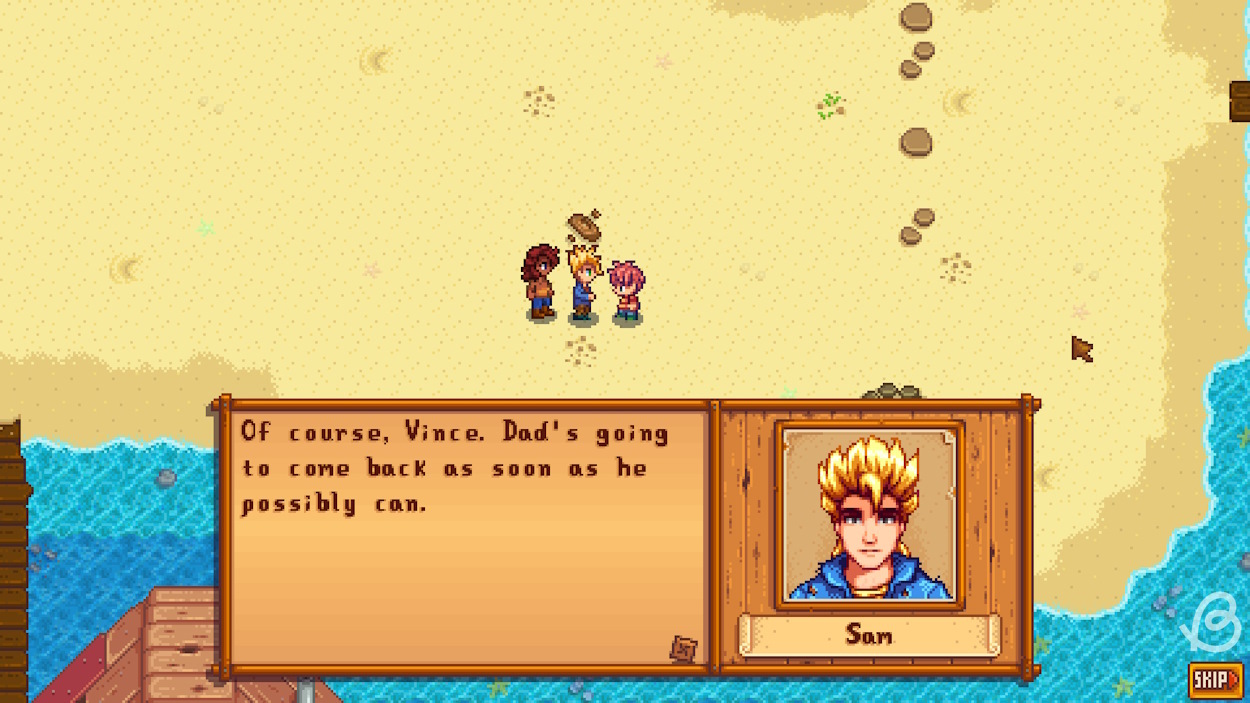 Sam's three heart event when he talks to Vincent in Stardew Valley