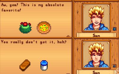 What Sam says when you give him the gift he loves and he hates as well as some of those items as examples in Stardew Valley