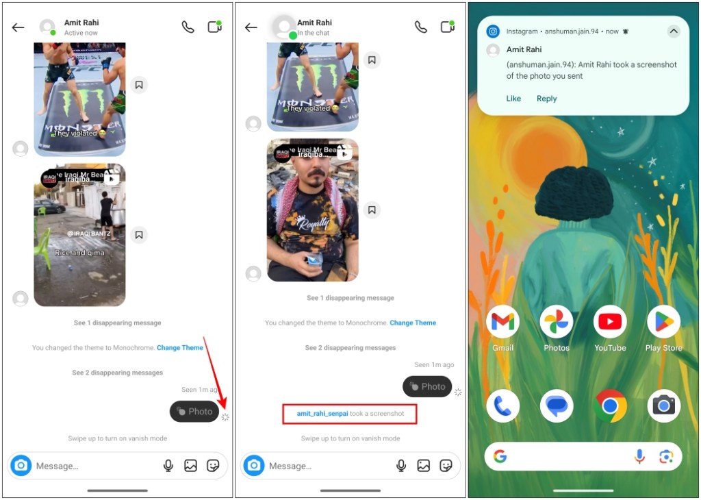 Screenshot alerts Instagram shows when you take a screenshot of disappearing media in a chat